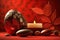 Spa items, massage, relaxation and relaxation. Stones, on a red background