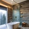 A spa-like bathroom with a freestanding bathtub, a rainfall shower, and natural stone accents to create a serene and luxurious a