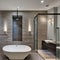 A spa-like bathroom with a freestanding bathtub, a rainfall shower, and natural stone accents to create a serene and luxurious a