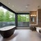 A spa-like bathroom with a freestanding bathtub, a rainfall shower, and natural stone accents to create a serene and luxurious a