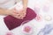 Spa Manicure. Woman Hands With Perfect Natural Healthy Nails Soaking In Aroma Hand Bath. Closeup Of Glass Bowl With Water And Blu