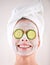 Spa, mask or woman with cucumber facial, skincare in studio with natural detox, smile or cosmetics. Happy model