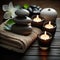 Spa Massage basalt stones with candles, lotus flowers, orchid flower and towels on bamboo mat. Generative AI