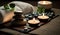 Spa Massage basalt stones with candles, lotus flowers, orchid flower and towels on bamboo mat. Generative AI