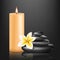 SPA massage black stones stack with aroma candle, realistic vector illustration.