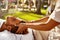 Spa Massage. Man Enjoying Relaxing Head Massage Outdoors. Beauty