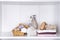 Spa massage setting, orchid product, soap on white background.,