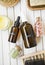 Spa natural products with rose water and argan oil bottles, bath salt, natural soap, natural organic skincare and beauty products
