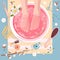 Spa pedicure top view illustration. Beauty salon concept. Female feet in pink water bowl with flowers
