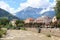 Spa promenade, river Passer and mountain alps panorama in Merano, South Tyrol