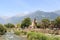 Spa promenade, river Passer and mountain alps panorama in Merano, South Tyrol