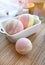 Spa resort treatment. Still life image with bath bombs on wooden background.