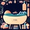 Spa salon banner. Bathroom interior with bathtub, candles, towels, cosmetic products. Vector illustration AI Generated