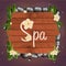 Spa salon banner with stones. Thai Massage. Wooden frame. Vector illustration.