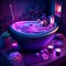 Spa salon with blue bathtub and candles. 3d rendering AI generated