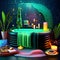Spa salon interior with green bathtub, candles, towels, towel and accessories. Cartoon vector illustration. Generative AI