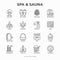Spa & sauna thin line icons set: massage oil, towels, steam room, shower, soap, pail and ladle, hygrometer, swimming pool, herbal