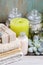 Spa set: bar of soap, towels, scented candle, liquid soap