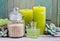 Spa set: green sea salt, scented candles, liquid soap and essent