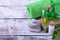 Spa set: massage stones, aromatic oil, sea salt, green gel, organic soap and green towel