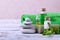 Spa set: massage stones, aromatic oil, sea salt, green gel, organic soap and green towel