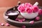 Spa set with rose flowers mortar essential oils salt
