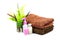 Spa set of Shampoo and Shower gel bottles and brown towel and gr