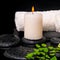 Spa setting of green branch fern, towels and candle on zen stone