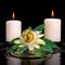 spa setting of passiflora flower, green leaf with drop and candles on zen stones in ripple reflection water, closeup