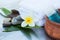Spa setting with tropical flower, bowl with oil tube and towel. Body care and spa concept