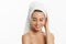 Spa skin care beauty woman wearing hair towel after beauty treatment. Beautiful young woman with perfect skin isolated