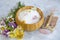 Spa still life bath salt with essential oils and medicinal healing herbs