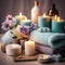 Spa still life with candles, towels and flowers on a table. Beauty treatment concept. AI generated content