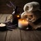 Spa still-life composition featuring towels, scented candles, oil bottle, lavender sprigs, and a blurry background, evoking