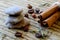 Spa still life - massage stones,cinnamon,coffee beans,salt,lavender