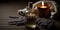 Spa still life with oil bottle, lavender branches, scented candle, and towel with blurred background, water, wellness and spa