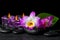 Spa still life of purple orchid dendrobium, green leaf Calla lil