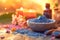 Spa still life with red and blue cosmetic moroccan clay and spa products, beautiful sunset