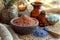 Spa still life with red and blue cosmetic moroccan clay and spa products, beautiful sunset