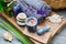 Spa still life with seashells, towels and sea salt in a mortar and pestle