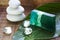 Spa stones, leaf and soap on bamboo mat