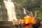 Spa style on wood and waterfall blur background