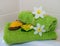 Spa towels with flowers, aroma soap and salt.