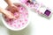 Spa treatment and product for female feet and manicure nails spa with pink flower, copy space, soft and select focus, Thailand