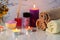 Spa treatment set with scented salt, candles, towels and aroma oil