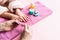 Spa treatments for hand skin and nails for children. Mom makes a girl manicure at home. Beauty and care concept.