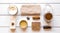 Spa treatments on wooden background top view