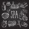 Spa Wellness Beauty Hand Drawn Doodle on Blackboard. Aromatherapy Health Elements Set. Skin Treatment