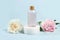 Spa and wellness composition with fragrant rose water and peony and rose flowers, aromatherapy and skin care, lifestyle and