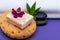 Spa Wellness Concept. Natural Foam Bath&Shower Sea Sponge, Almond Goat`s milk Soap, Basalt Stones, Bamboo and Orchid Flower